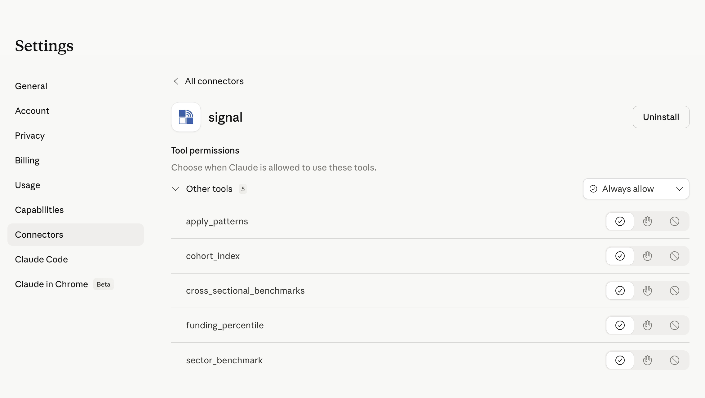 Signal Quadrant connected in Claude.ai — 6 tools ready